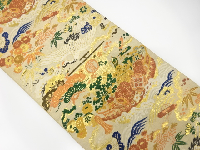 アンティーク　宝船に鶴・草花模様織出し丸帯（着用可）